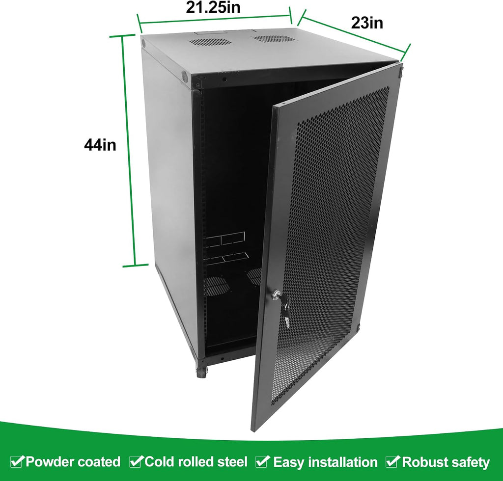 22U Server Cabinet Wall Mount Rack Enclosure with Caster Wheels 2 Server Fans Locking Grid Gate Removable Side Panels 19' Network Cabinet 15-18.5' Installation Depth Heavy-duty frame(22u cabinet 44IN)