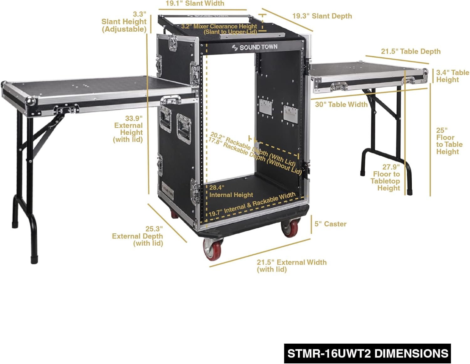 Sound Town Heavy-Duty 1/2' (12mm) Plywood 16U PA DJ Rack/Road ATA Case with 11U Slant Mixer Top, 20' Rackable Depth, 2 DJ Work Tables and Casters, Pro Tour Grade (STMR-16UWT2)