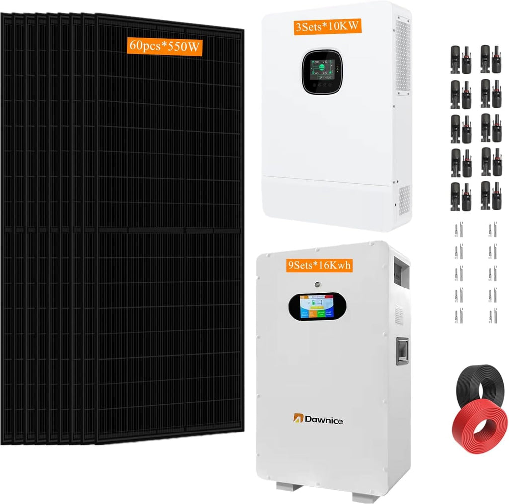 30KW Off Grid Solar System Complete Kit 144KWH Kit Home Solar Power System Complete Kit with 60PCS*550W Solar Panels, 3Sets 48V 10KW Off Grid Inverter, 9Sets 16KWH 51.2V 314Ah LiFeP04 Battery