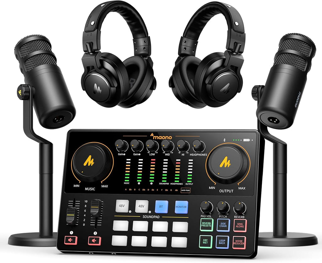 MAONO Podcast Equipment Bundle for 2: Audio Interface Mixer with 2 XLR Dynamic Mic and 2 Headphone Podcast Streaming MaonoCaster E2 Gen2+2*PD100+2*MH700