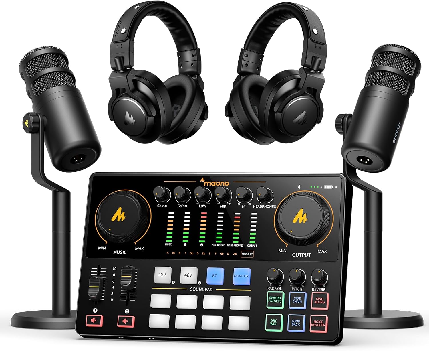 MAONO Podcast Equipment Bundle for 2: Audio Interface Mixer with 2 XLR Dynamic Mic and 2 Headphone Podcast Streaming MaonoCaster E2 Gen2+2*PD100+2*MH700