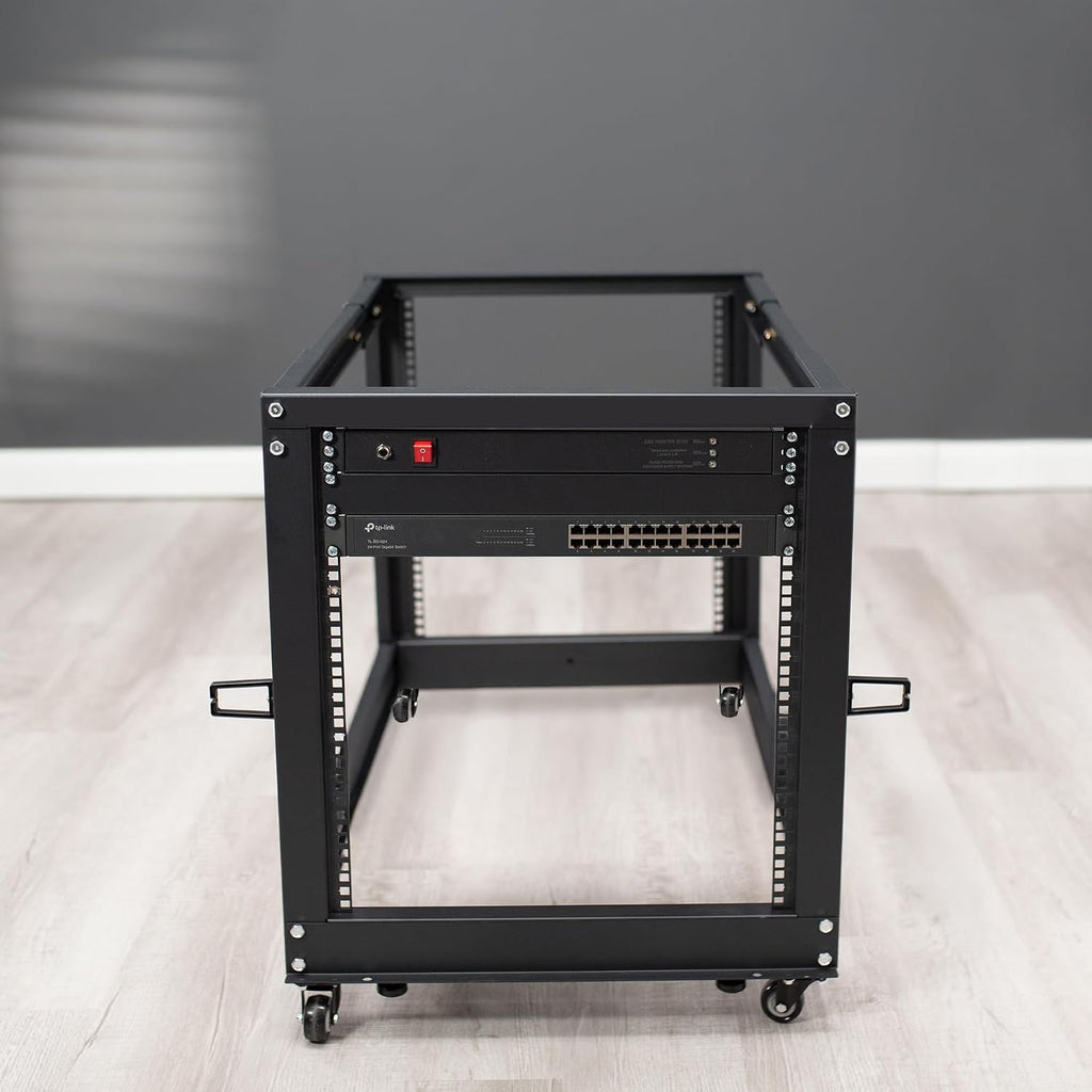VIVO 12U Freestanding Server Rack, Mobile Open Frame 22 to 40 Inch Adjustable Network Server Cart, Black Steel, CART-SR12U