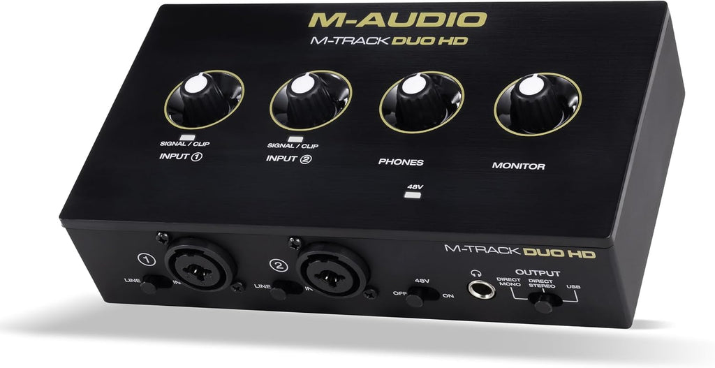 M-AUDIO M-Track Duo HD Audio Interface, M100 Condenser Microphone and HDH41 Studio Monitoring Headphones for Recording, Producers, Content Creators and Podcasters