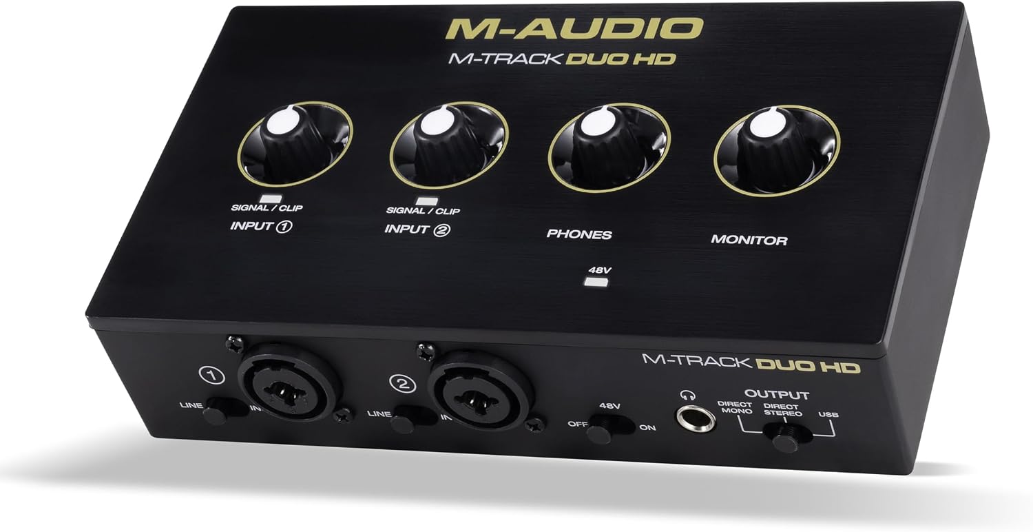 M-AUDIO M-Track Duo HD Audio Interface, M100 Condenser Microphone and HDH41 Studio Monitoring Headphones for Recording, Producers, Content Creators and Podcasters