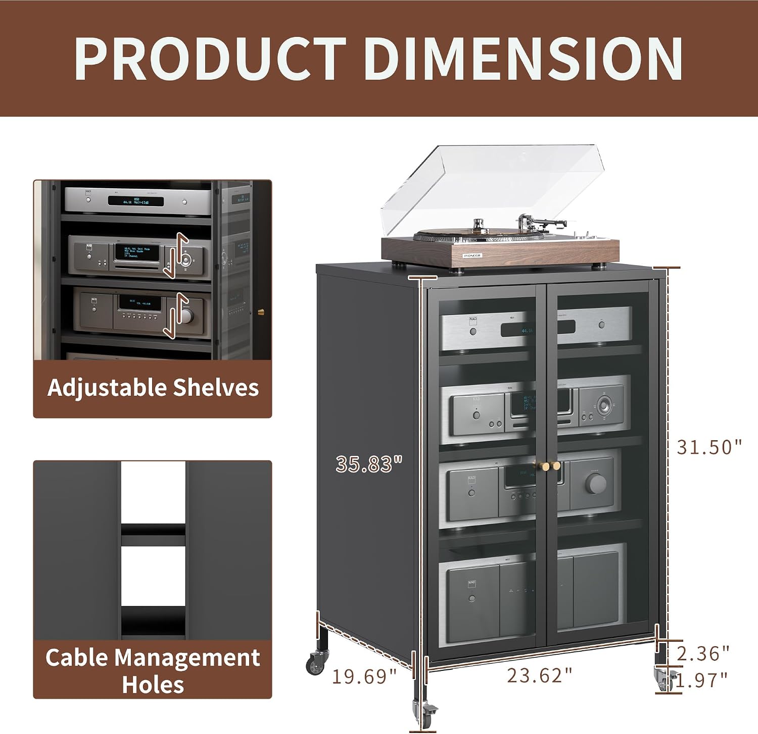 Heavy Duty 4-Tier Media Cabinet, Audio-Video Media Stand with Tempered Glass Doors, Metal Stereo Cabinets with 3 Adjustable Shelves, Storage Cabinet for Entertainment Stereo Component