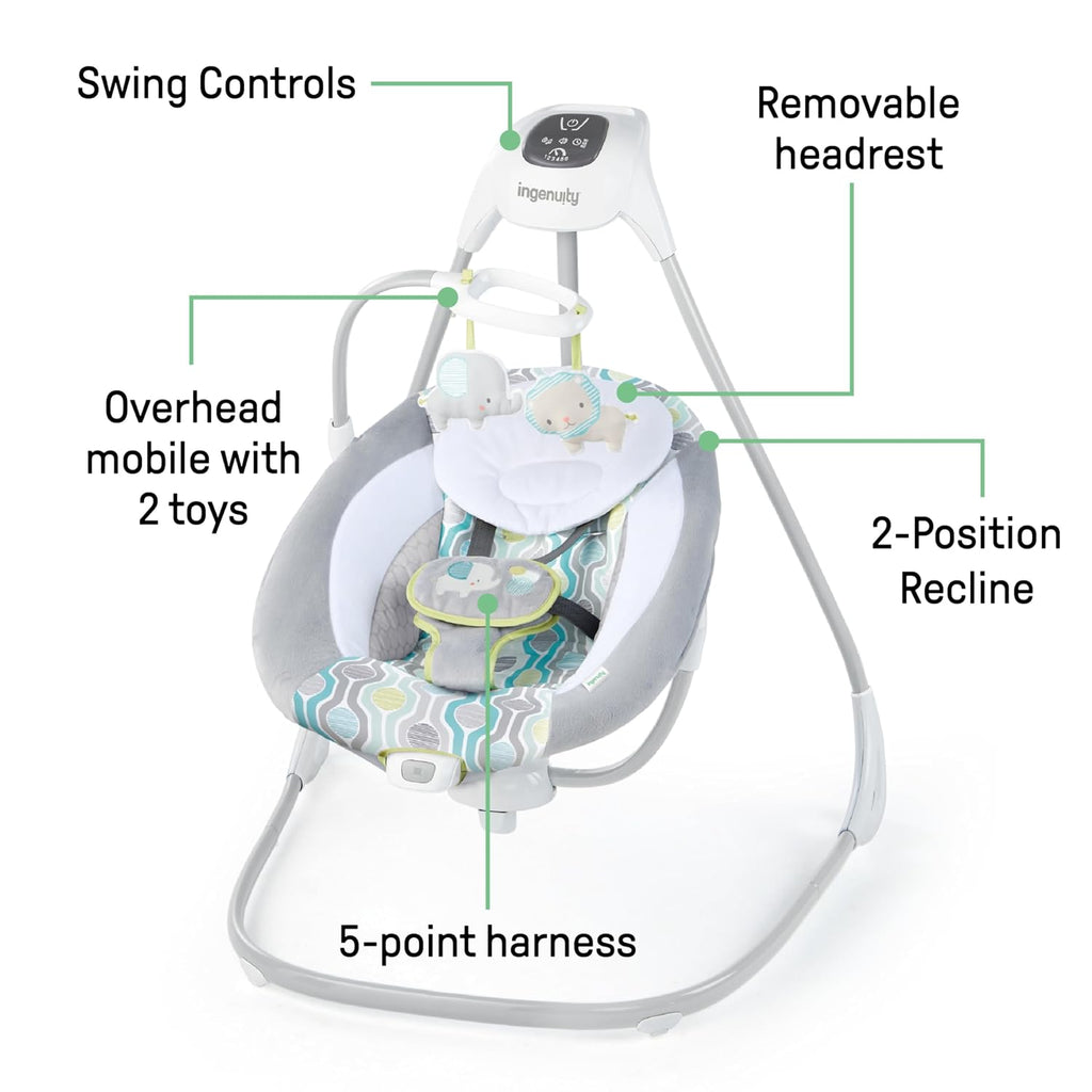 Ingenuity SimpleComfort Lightweight Compact 6-Speed Multi-Direction Baby Swing, Vibrations & Nature Sounds, 0-9 Months 6-20 lbs (Everston)