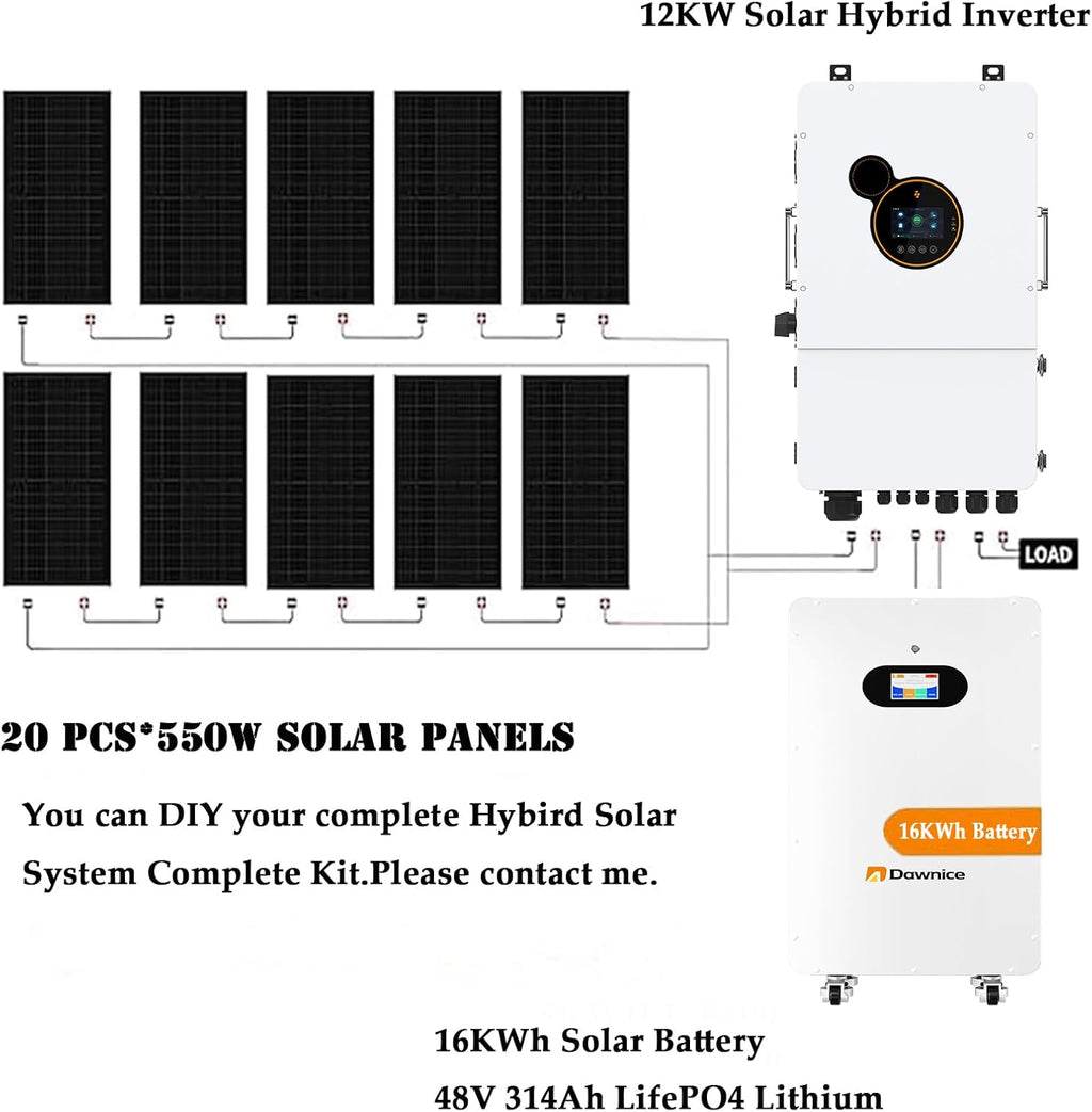 11000W Hybrid Grid Home Solar Power System Complete kit with 12KW Solar Hybrid Inverter,2sets 48V 16KWh LiFePO4 Battery 20PCS Bificial 550W Solar Panels with MPPT Controller 120/240Vac