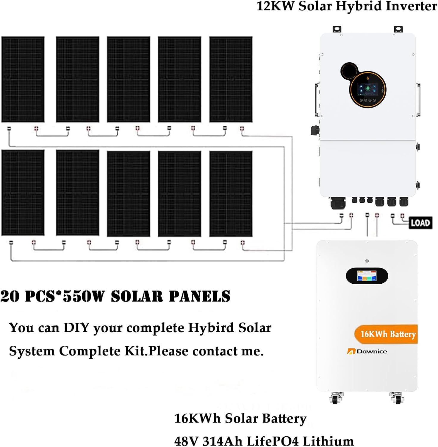 11000W Hybrid Grid Home Solar Power System Complete kit with 12KW Solar Hybrid Inverter,2sets 48V 16KWh LiFePO4 Battery 20PCS Bificial 550W Solar Panels with MPPT Controller 120/240Vac