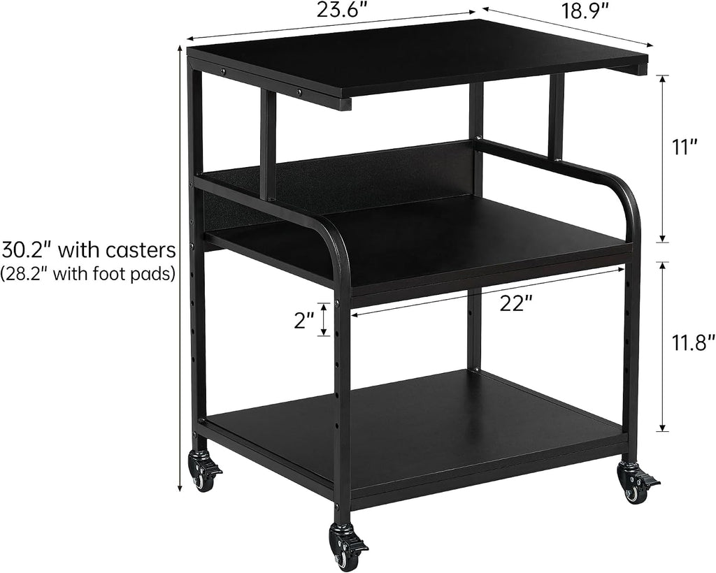 Fannova Printer Stand, 23.6 x18.9 x 30 Inches Large Printer Table with Adjustable Storage Shelf, 3 Tier Rolling Printer Cart with Wheels for Home Office, Stand for Heat Press Mini Fridge, Black