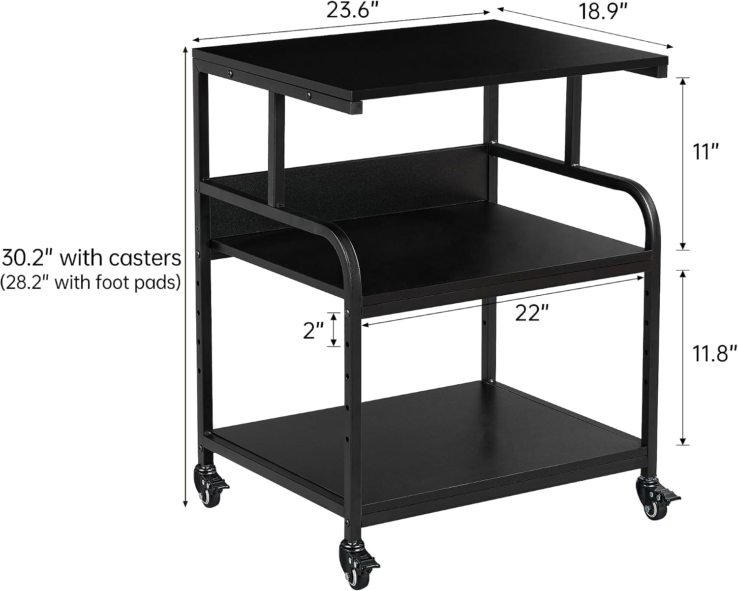 Fannova Printer Stand, 23.6 x18.9 x 30 Inches Large Printer Table with Adjustable Storage Shelf, 3 Tier Rolling Printer Cart with Wheels for Home Office, Stand for Heat Press Mini Fridge, Black