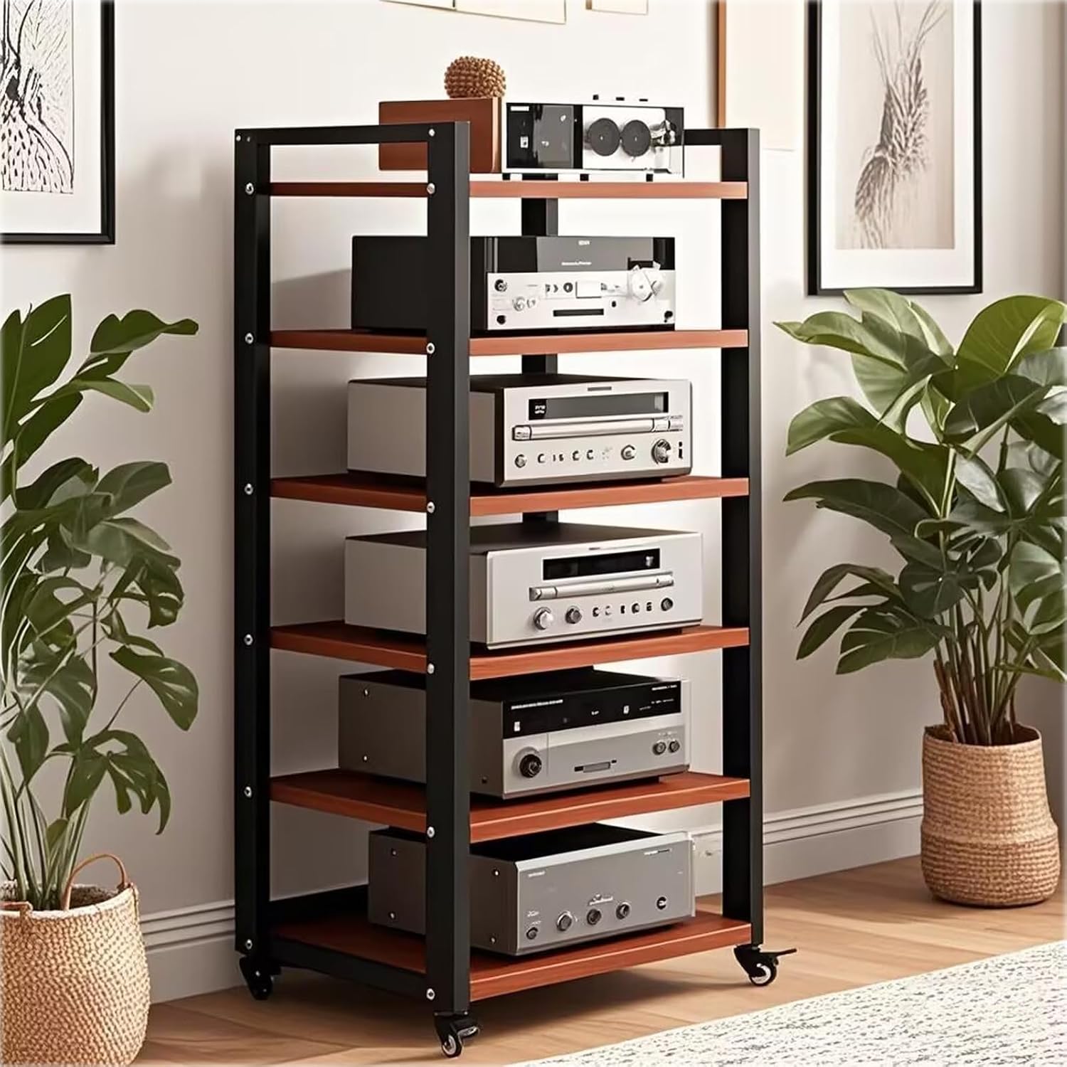 6 Tier Audio Rack Tower, CD Record Player Stereo Receiver AV Equipment Cabinet Display Rack, Weight Capacity 661 lbs, with Adjustable Wooden Shelves for Home (6 Tier Teakwood)