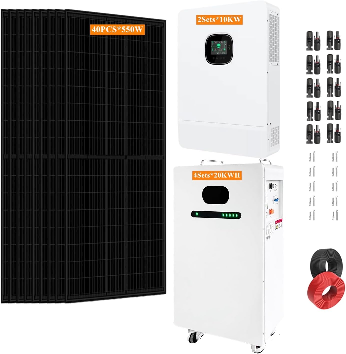 10KW Off-Grid Solar System Complete Kit Home Kit with 23.2KW Solar Panels+20KW 48V Solar Inverter+ 51.2V LiFePo4 Solar Battery with UL (40PCS*580W PV+2Sets*10KW Inverter+ 4Sets*16KWH)