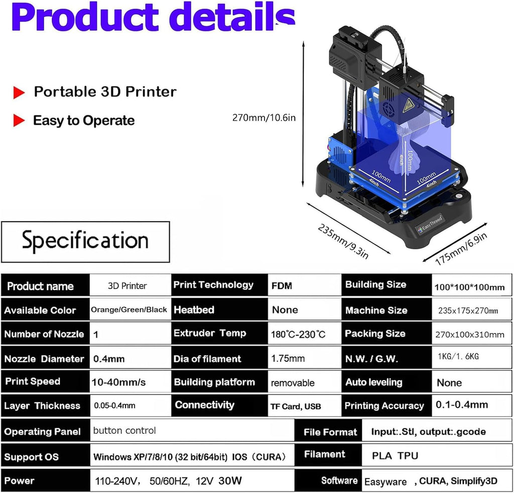 Mini 3D for Kids Printer,Removable Platform One-Key Printing,with PLA Filament Magnetic Removable Plate USB Cable TF Card Max Print Speed 40mm/s (Black)