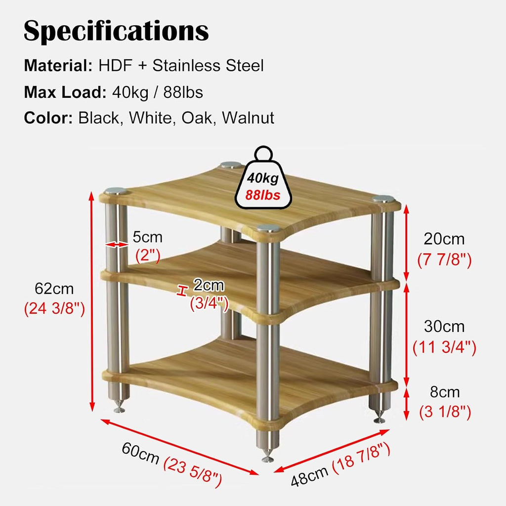 Wood Audio Cabinet Rack, Stereo Record Player AV Media Stand Furniture, Home Audio-Video Equipment Storage Shelving, Rounded Corner Design(Oak - 3 Tier)