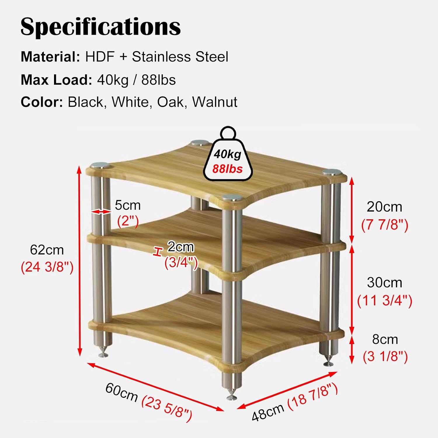 Wood Audio Cabinet Rack, Stereo Record Player AV Media Stand Furniture, Home Audio-Video Equipment Storage Shelving, Rounded Corner Design(White - 3 Tier)