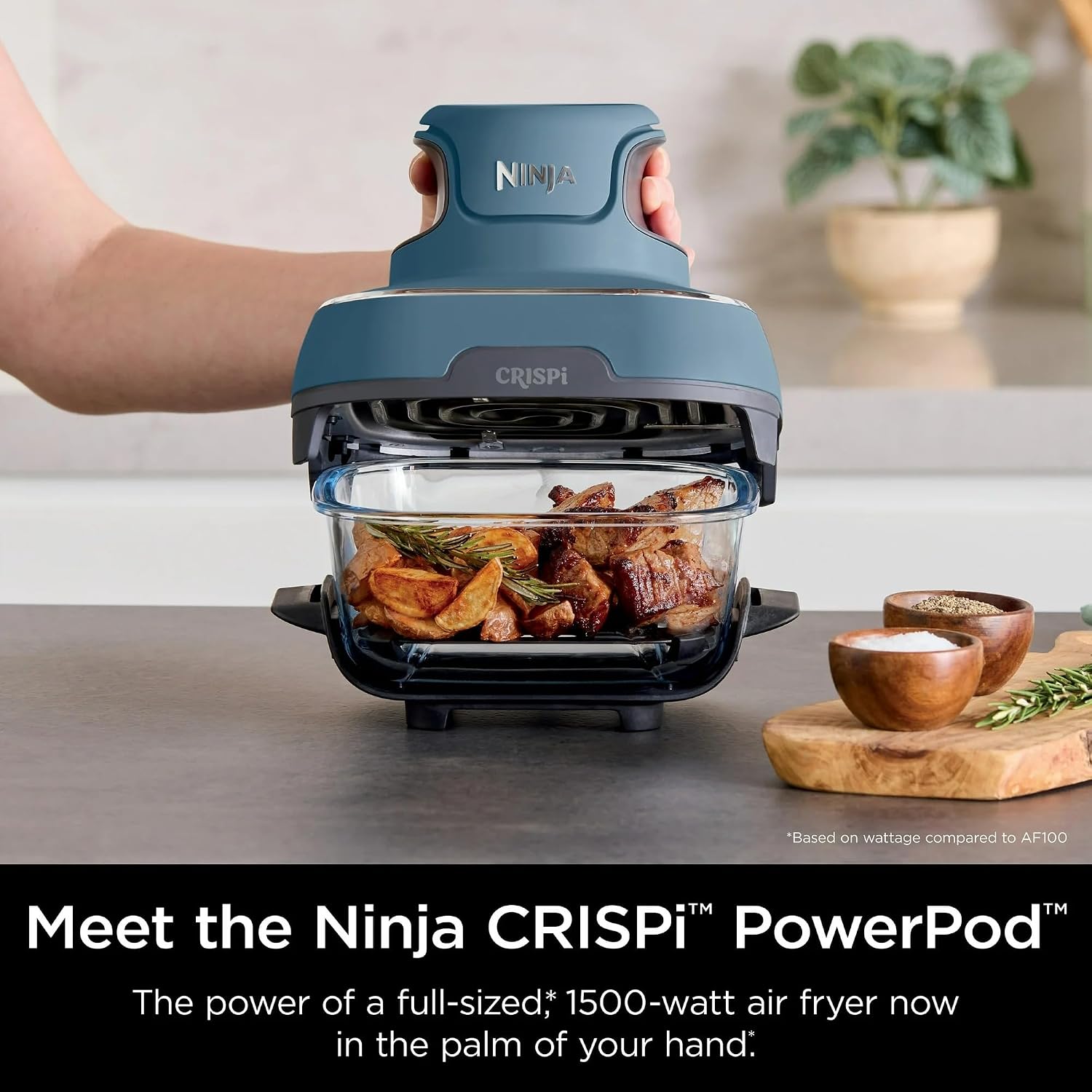 Ninja FN100ND Crispi Air Fryer, Microwave, Freezer & Dishwasher Safe, Non Toxic Glass Portable Cooking System, 4 QT & 5 Cup Glass Containers with Storage Lids, Easy Meals, Blue (Renewed)
