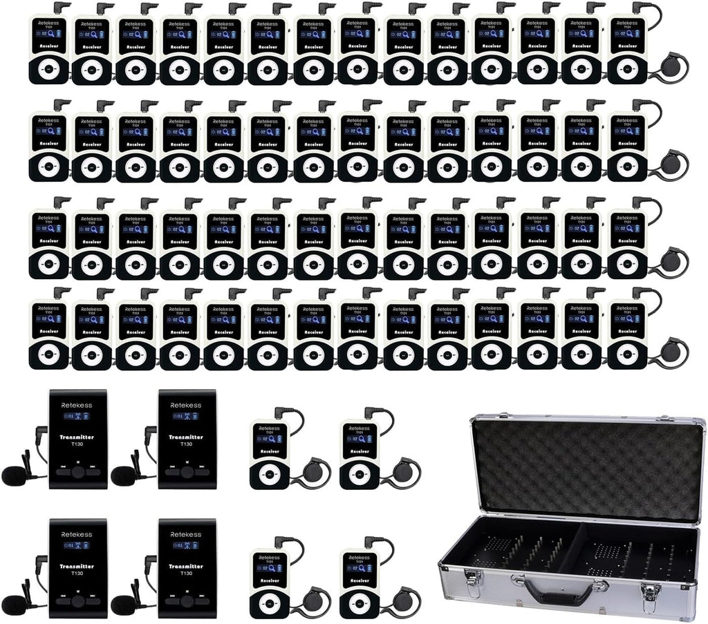 Retekess T130 Wireless Tour Guide System, Tour Guide Microphone and Speaker, 64 Slot Charge Case, Tour Guide Headsets for Church,School (4 Transmitters and 60 Receivers)