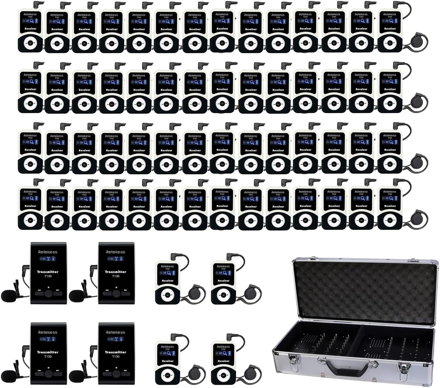 Retekess T130 Wireless Tour Guide System, Tour Guide Microphone and Speaker, 64 Slot Charge Case, Tour Guide Headsets for Church,School (4 Transmitters and 60 Receivers)
