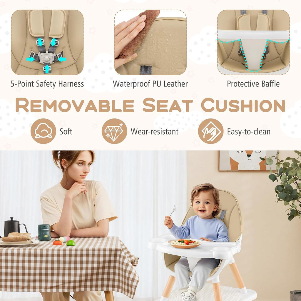 HONEY JOY Baby High Chair, 6-in-1 Convertible Wooden Highchair for Babies and Toddlers/Table Set/Toddler Chair with Safety Harness, 4-Position Removable Feeding Tray (Khaki)