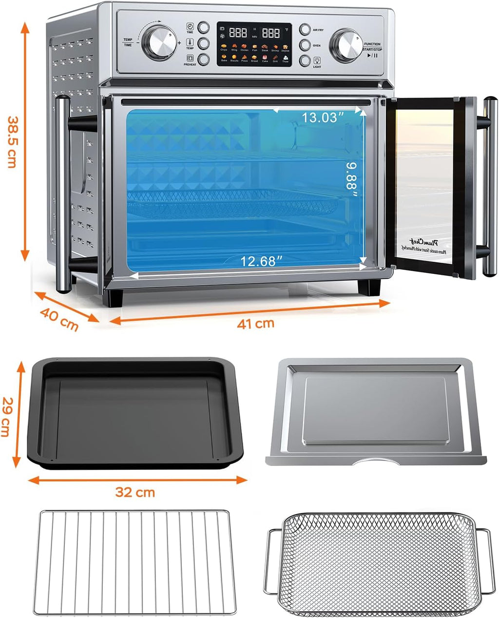 PlumChef 29.5QT Large Capacity French Double-Door Air Fryer Convection Toaster Oven, 1700W, 14 Preset Menus, 7-in-1 Multi-Function (Bake, Roast, Gril,Toast,Dehydrate&Defrost), Stainless Steel,silvery