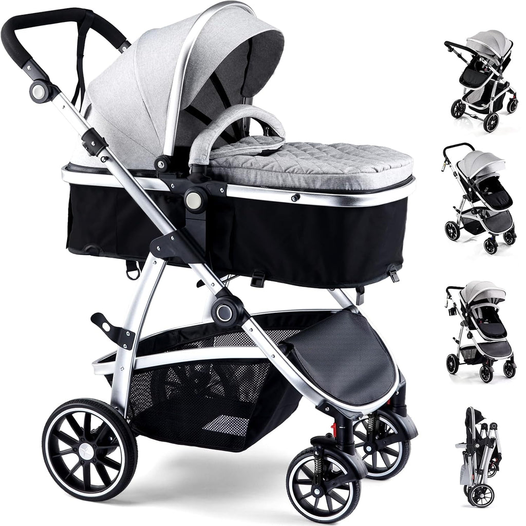 Hagaday Baby Stroller, 2-in-1 Reversible Toddler Seat with Basket Mode, Foldable Infant Stroller with Canopy, One Button Brake, Adjustable Handle, Newborn Pushchair (Gray)