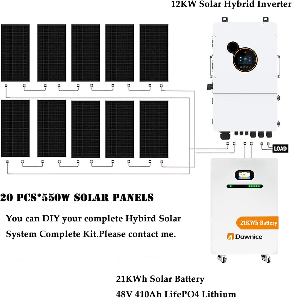 11000W Hybrid Grid Home Solar Power System Complete kit with 12KW Solar Hybrid Inverter,2sets 48V 21KWh LiFePO4 Battery 20PCS Bificial 550W Solar Panels with MPPT Controller 120/240Vac