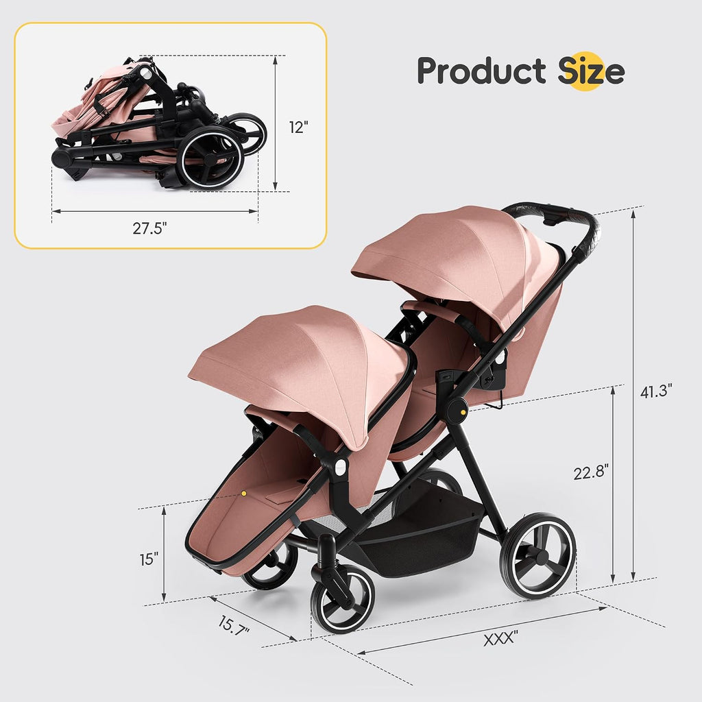 MU Double Stroller, Foldable Twin Tandem Stroller with Adjustable Backrest, Reversible Seat, 5-Point Harness, Storage Basket, Convertible Baby Bassinet for Infant and Toddler, Pink