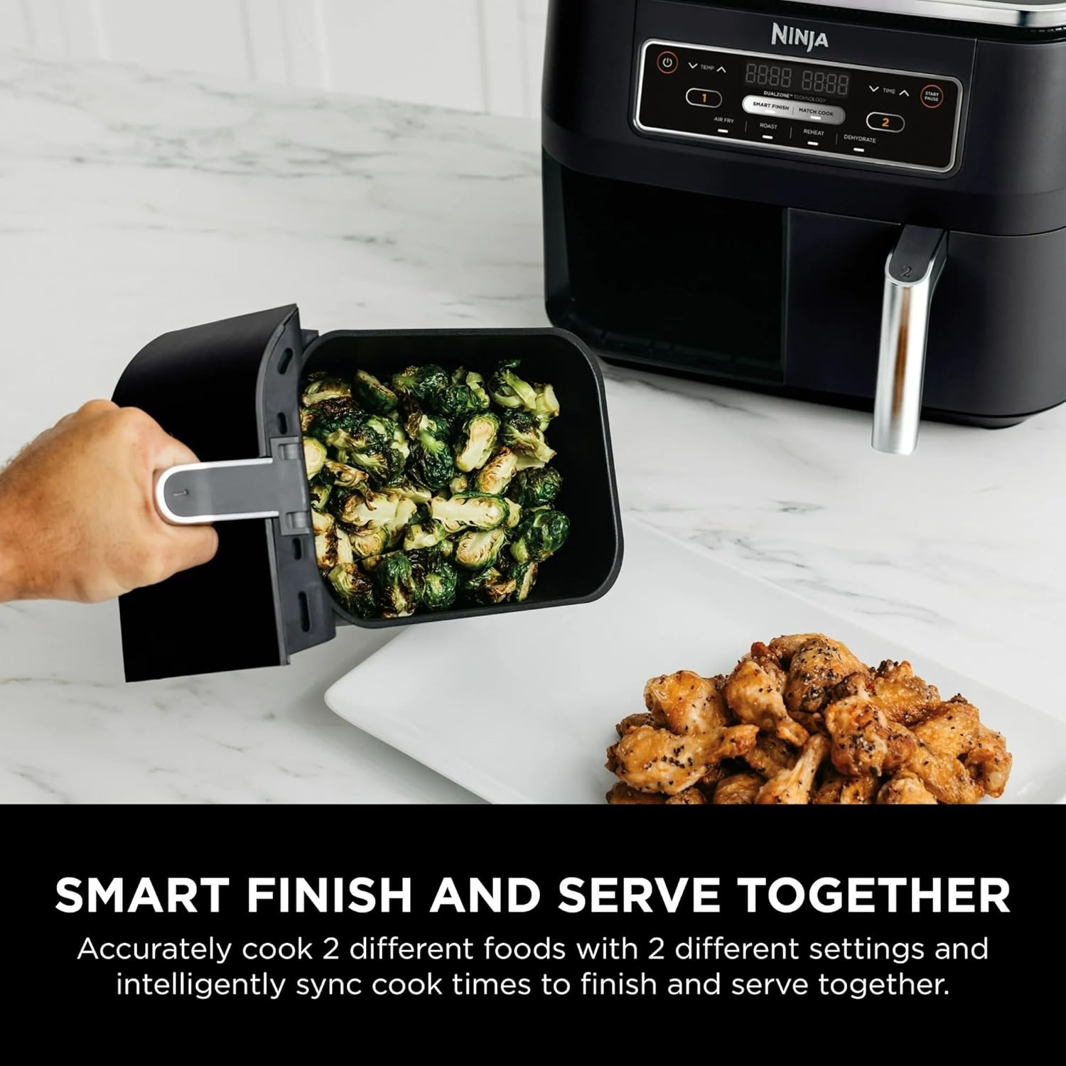 Ninja Foodi 4-in-1 8-qt. 2-Basket Air Fryer with DualZone Technology, 4 Functions, Smart Finish, Roast, Air Fry, Reheats, & Dehydrates, Black, DZ100 (Renewed)