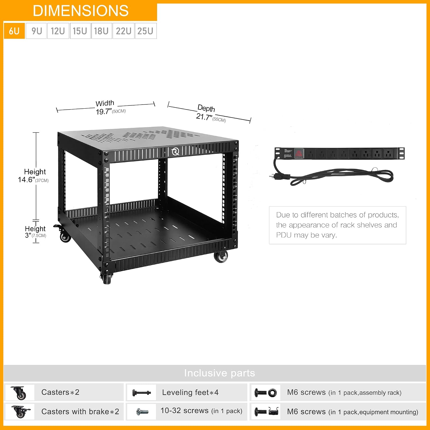 RIVECO 6U Network Rack with Reinforced Top & Bottom Vented Plates- 4 Rolling Wheels Floor Standing Rack for 19' Equipment & Stereo Gear- Including Basic Rail Mount PDU Power Strip
