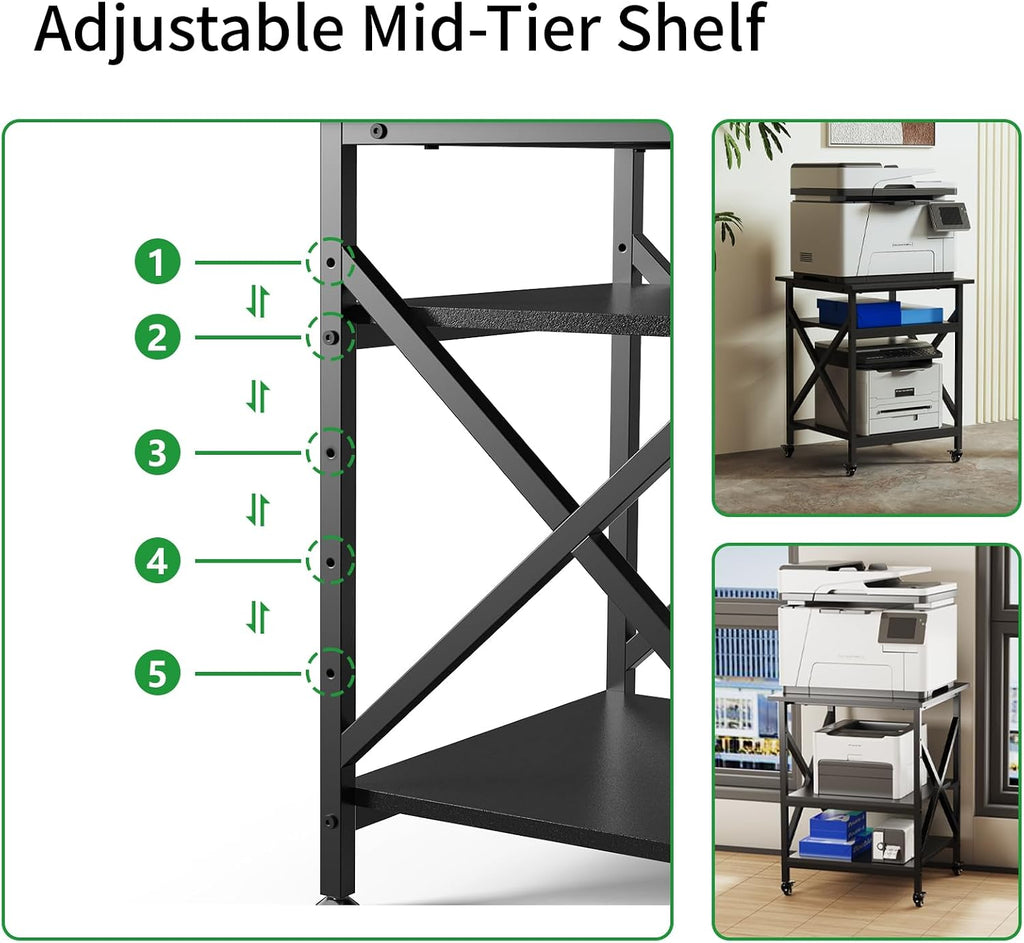 3 Tier Printer Stand, Large Table with Wheels, Rolling Cart with Height Adjustable Middle Storage Shelf, 23.6 x 23.6 x 30.3 Inches Shelf for Home Office, Black