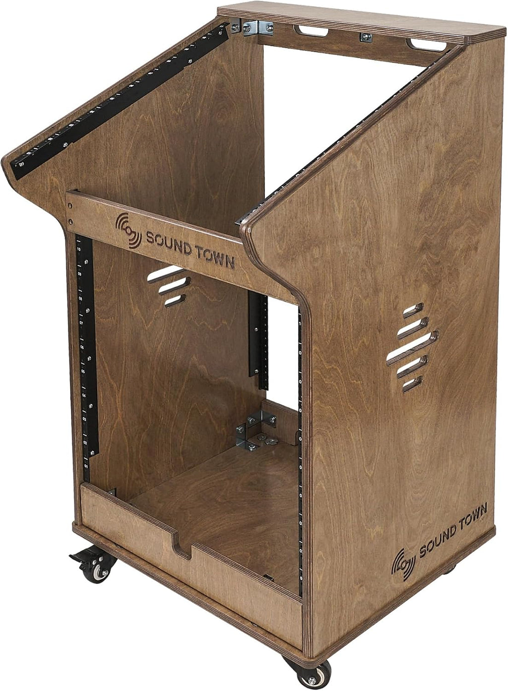 Sound Town DIY Studio Rack with 11U Slant Mixer Top, 10U Front Rack, 2U Bottom Storage, Casters, Rubber Feet, Baltic Plywood, Weathered Brown (SDRK-M11X12B)