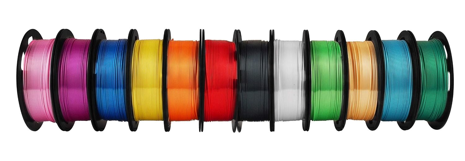 MIKA3D 12 in 1 Bright Shine 3D Printer Silk PLA Filament Bundle, Most Popular Colors Pack, 1.75mm 500g per Spool, 12 Spools Pack, Total 6kgs Material with One Bottle of 3D Printer Stick