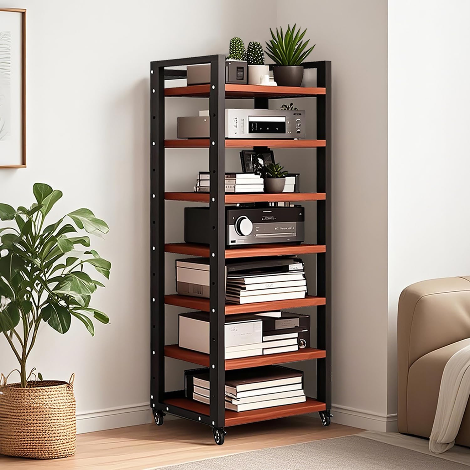 7-tier Av Media Stand, Audio Rack With Adjustable Shelves, Stereo Racks And Stands With Wheels, Stereo Rack For Home, Office, Theater(A)