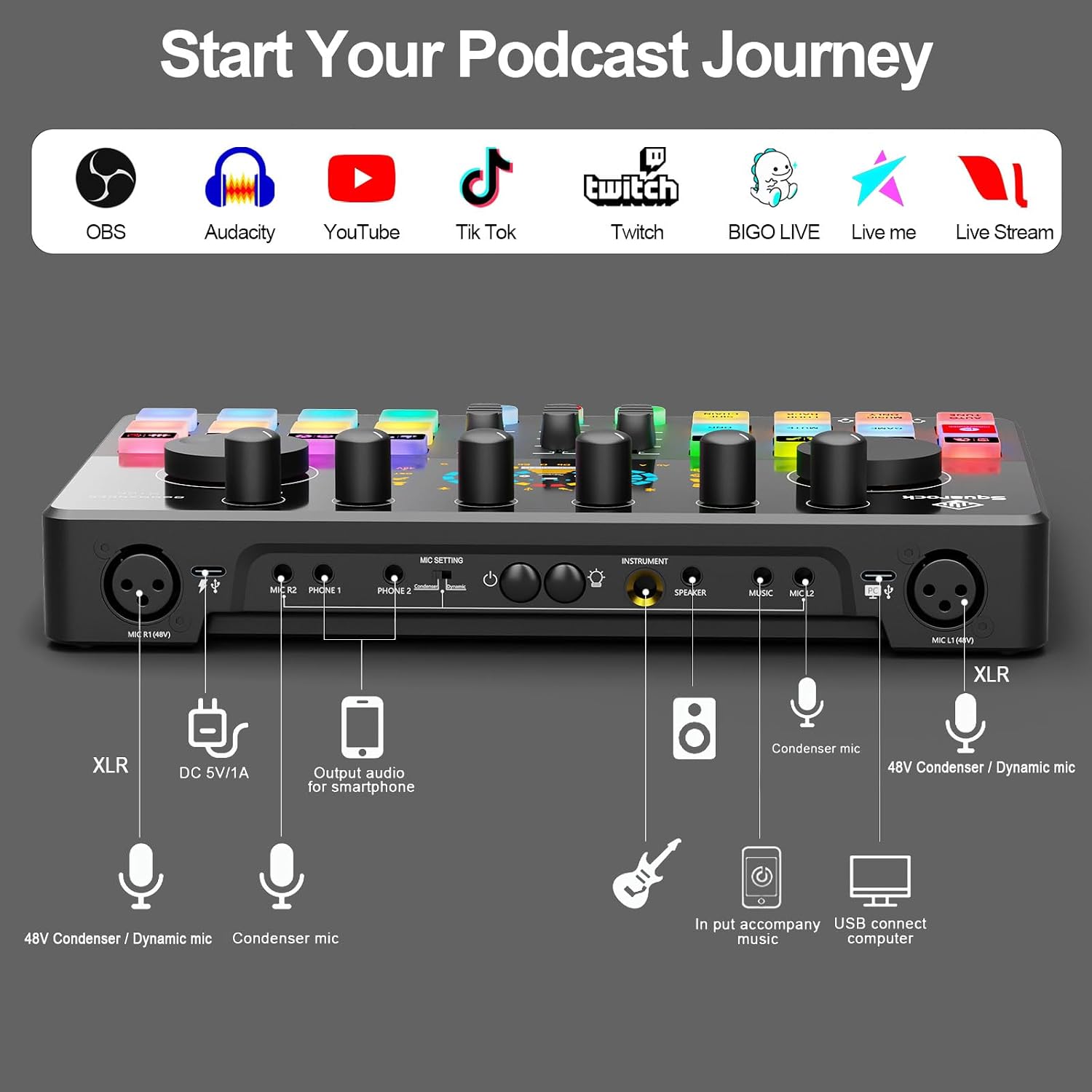 Podcast Equipment Bundle for 4, All-in-One Audio Mixer with Dynamic Micophones Noise Reduction for Live Streaming/Recording/Singing，PC,Smartphone，TikTok M100 3rd