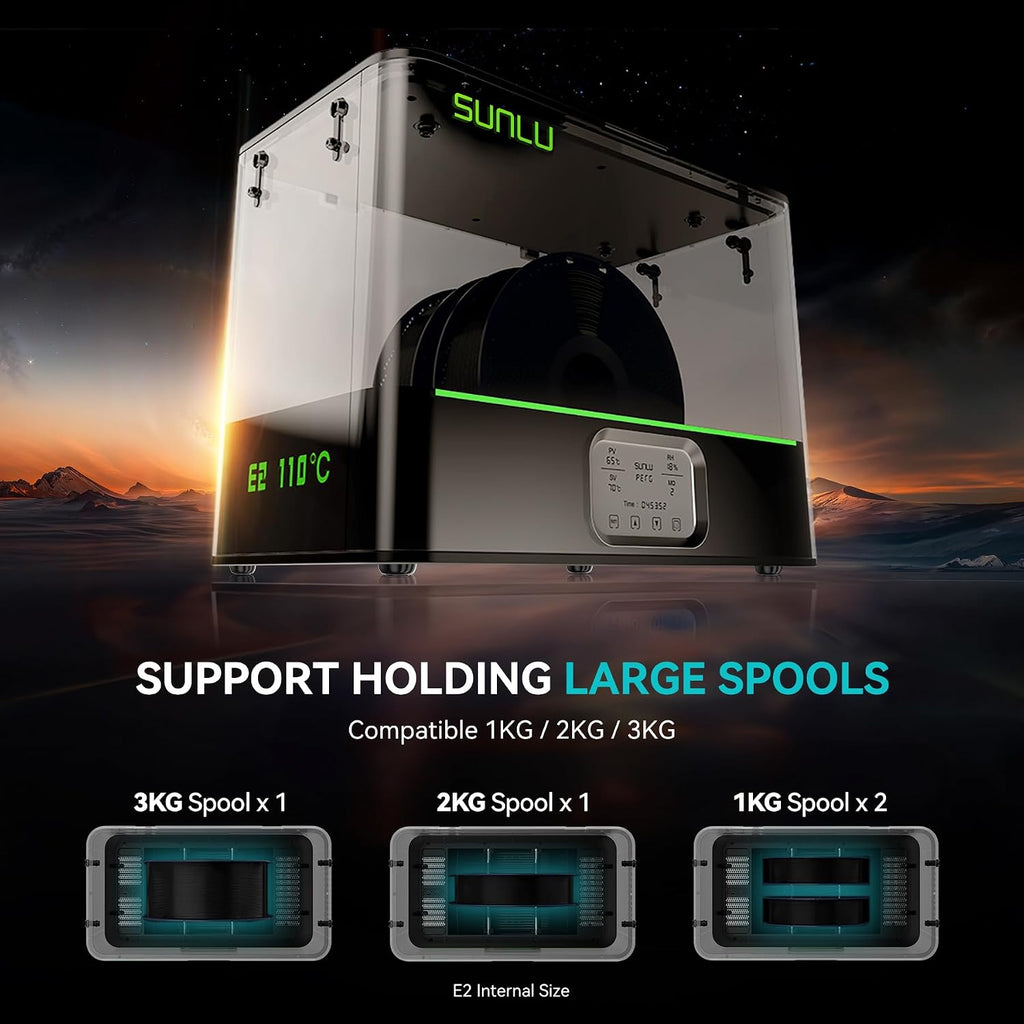 SUNLU Official 3D Printer Filament Dryer E2, 110℃ Max Temperature, 500W PTC Heater, Dry and Anneal 2-in-1, Dual-Chamber, Designed for Engineering Filaments, PC PA-CF FR-ABS Filament Dryer Box (Black)