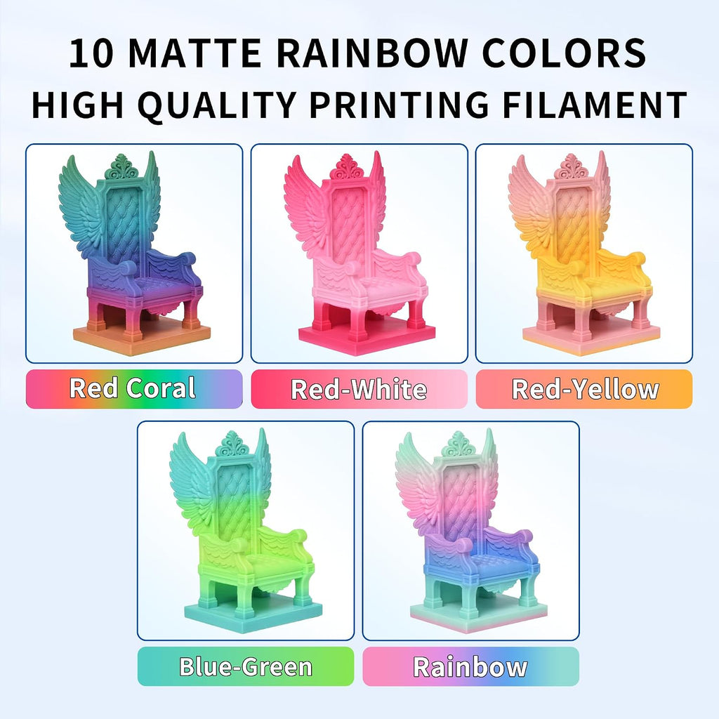 RAMBERY Matte Rainbow PLA 3D Printer Filament Bundle, 10 Colors Total 10kg, 1.75mm Multicolor Gradient 3D Printing Filament for Most FDM 3D Printers, 1KG Spool (2.2lbs) x 10 PCS