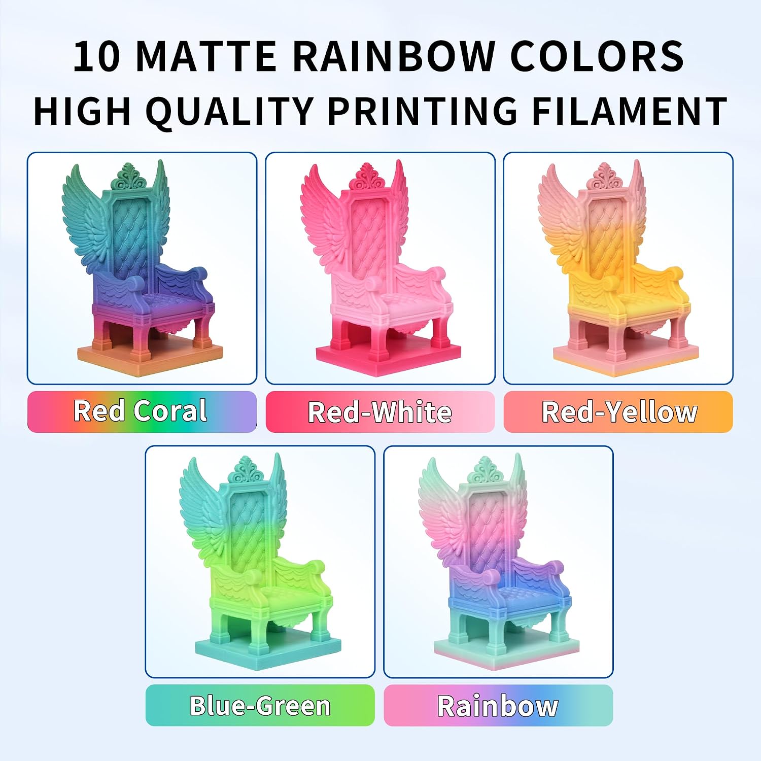 RAMBERY Matte Rainbow PLA 3D Printer Filament Bundle, 10 Colors Total 10kg, 1.75mm Multicolor Gradient 3D Printing Filament for Most FDM 3D Printers, 1KG Spool (2.2lbs) x 10 PCS