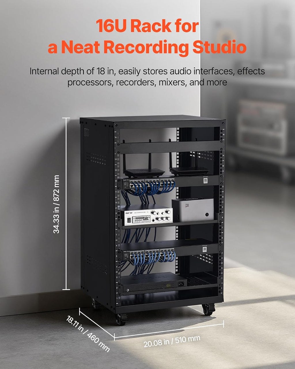 VEVOR 16U AV Rack, Recording Studio Rack Cabinet, Open Frame Server Rack with Locking Caster Wheels, Removable Side Panels & Vent Design for 19' Network, Audio, Video, IT & Network Equipment Mounting
