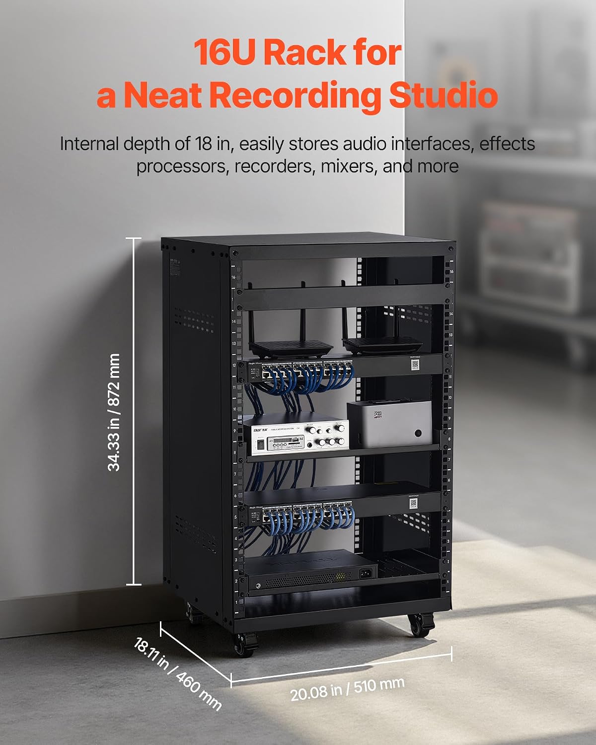 VEVOR 16U AV Rack, Recording Studio Rack Cabinet, Open Frame Server Rack with Locking Caster Wheels, Removable Side Panels & Vent Design for 19' Network, Audio, Video, IT & Network Equipment Mounting