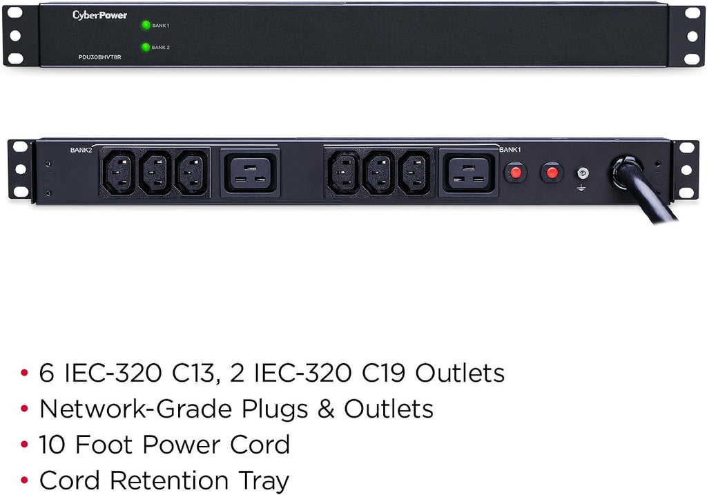 CyberPower PDU30BHVT8R Basic PDU, 208-230V/30A (Derated to 24A), 8 Outlets, 10ft Power Cord, 1U Rackmount