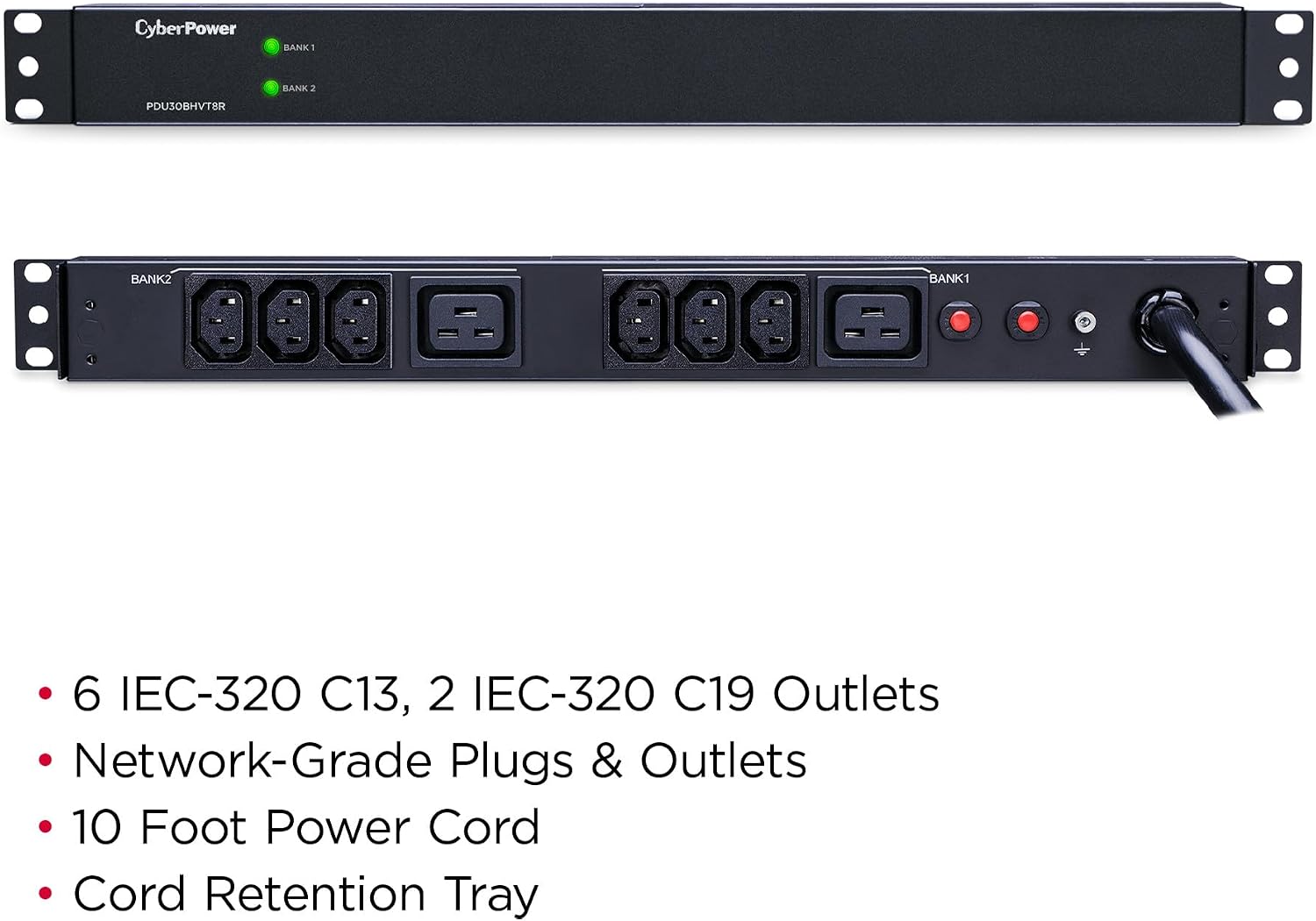 CyberPower PDU30BHVT8R Basic PDU, 208-230V/30A (Derated to 24A), 8 Outlets, 10ft Power Cord, 1U Rackmount