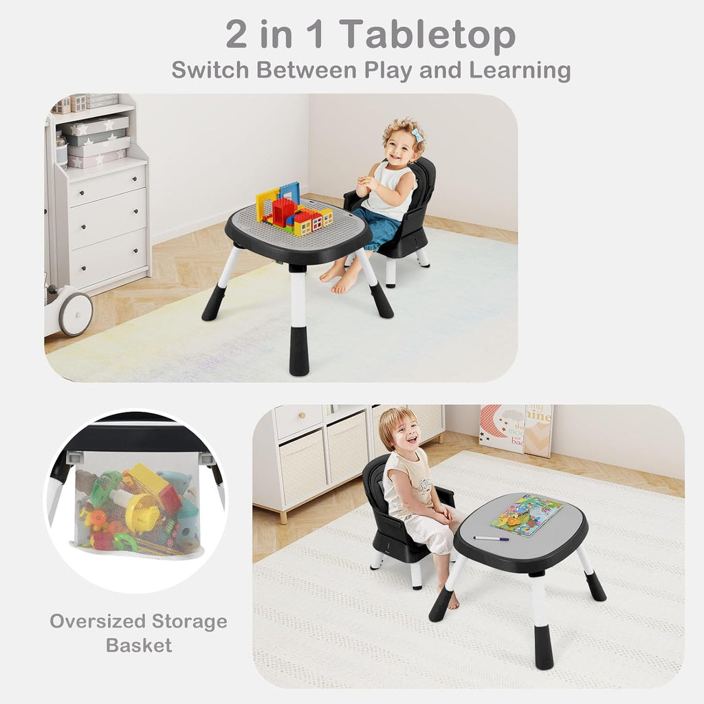 INFANS 9 in 1 High Chair, Convertible Baby Highchair for Babies and Toddlers, Table and Chair Set Building Block Infant Dining Booster Seat, Kids Stool with Activity Children Play Kitchen (Black)