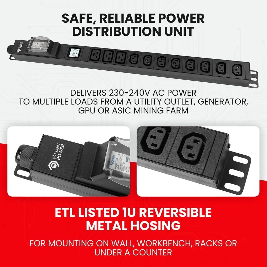 Rack Mount Power Strip - 240V 30A 3C19 & 8 C13 outlets PDU with Built-in Surge Protector, Volt & Amp Meter for Data Center - 19' Metal Housing, Ears & Fittings Included (3C19 8C13)