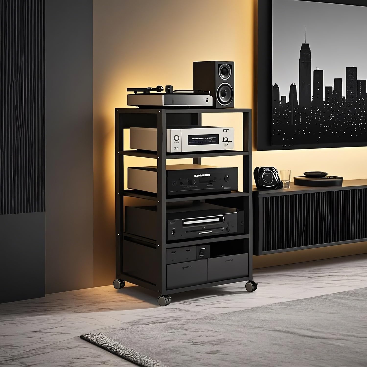 5 Tier AV Media Stand, Audio Rack Tower Stereo Components Cabinet, Home Theatre CD Record Player Stereo Receiver Equipment Rack with Adjustable Wood Shelves, Load 220lbs (Black)