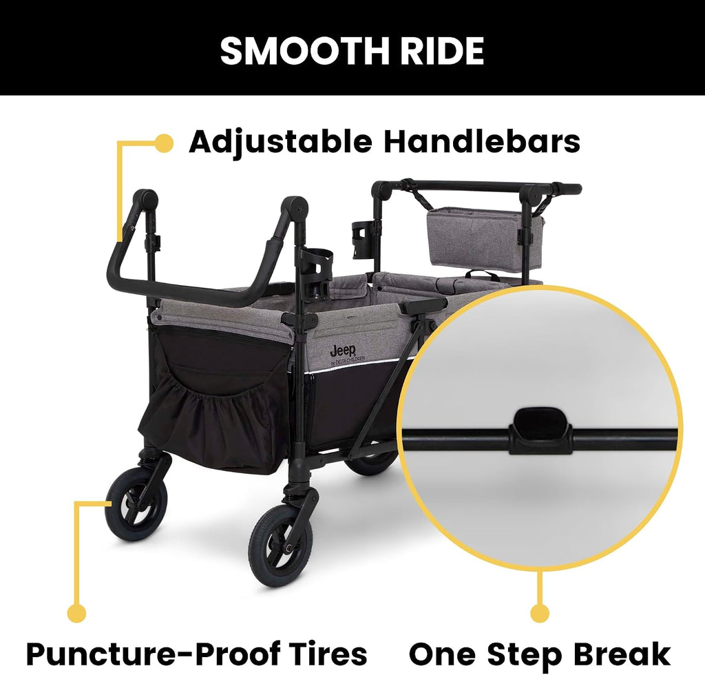 Jeep Wrangler Deluxe 4 Seater Stroller Wagon by Delta Children - Premium Quad Stroller Wagon for 4 Kids with Convertible Seats, Adjustable Push/Pull Handles, Removable Canopy & Flat Fold, Grey
