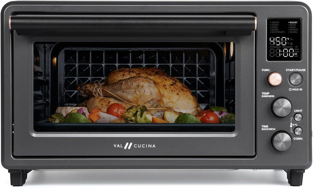 VAL CUCINA Non-Toxic Enamel Interior Air Fryer Toaster Oven Combo, 26.3 QT Countertop Convection Oven 10-in-1, Infrared Heating, Fits 12' Pizza & 6-Slice Toast, Easy Clean Enamel Baking Pan Included