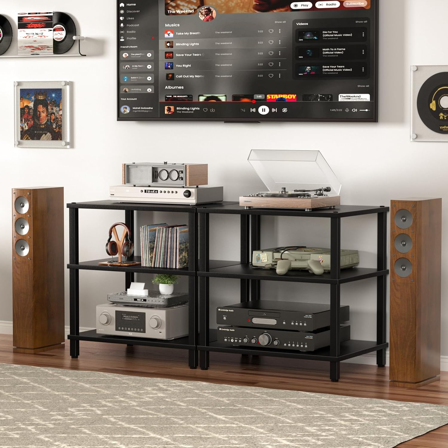 LELELINKY 3-Tier AV Media Player Stand Set of 2, Black Stereo Cabinet, Wooden TV Stand,Game Console Shelf, Multifunctional Entertainment Center, Suitable for Home, Conference Room, Game Studio
