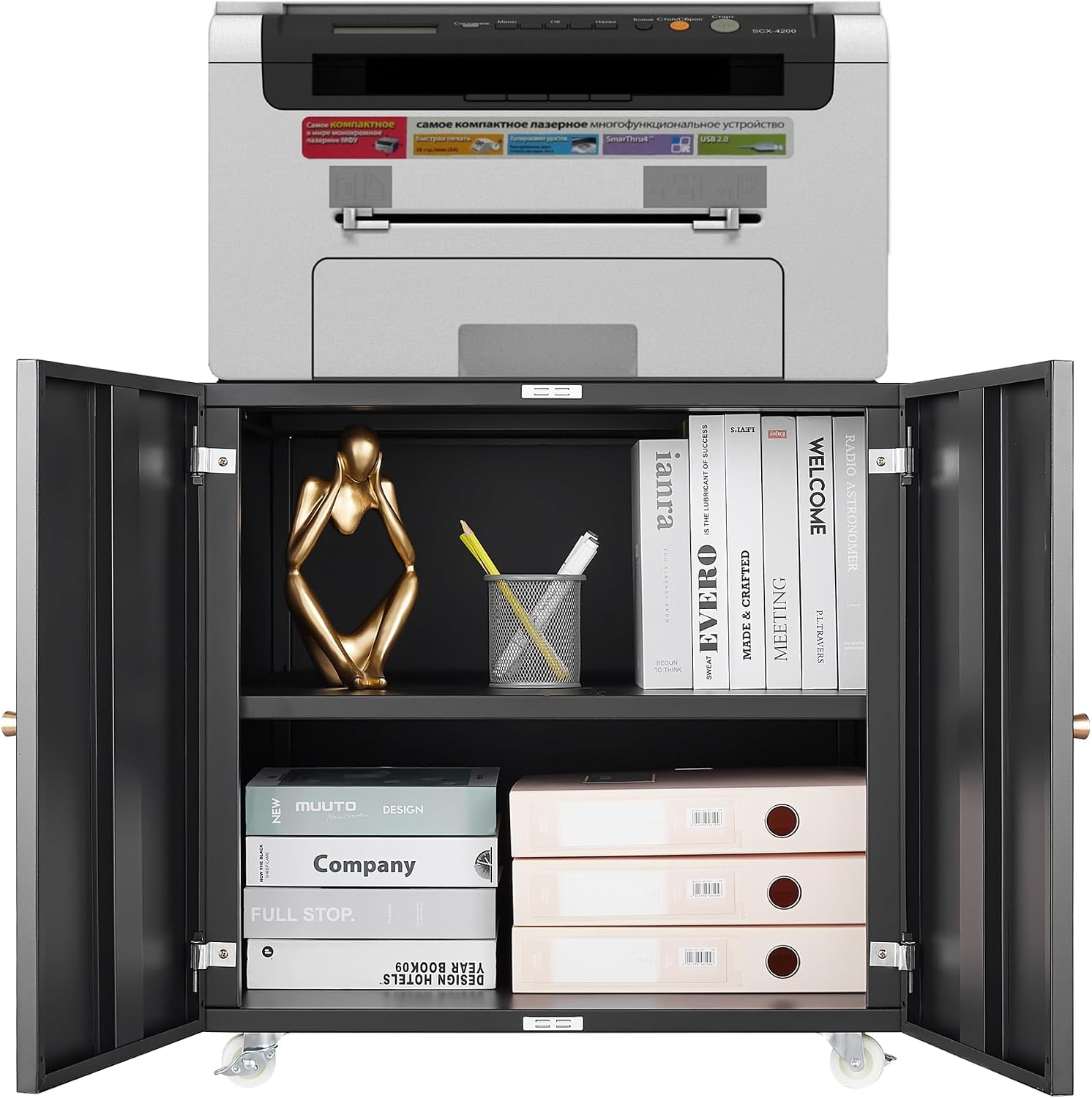 GarveeLife Metal Printer Stand with File Storage Cabinet, Printer Cabinet File Cabinet On Wheels with Door and Adjustable Shelf, Printer Table Stand for Home Office 23.62' H Black
