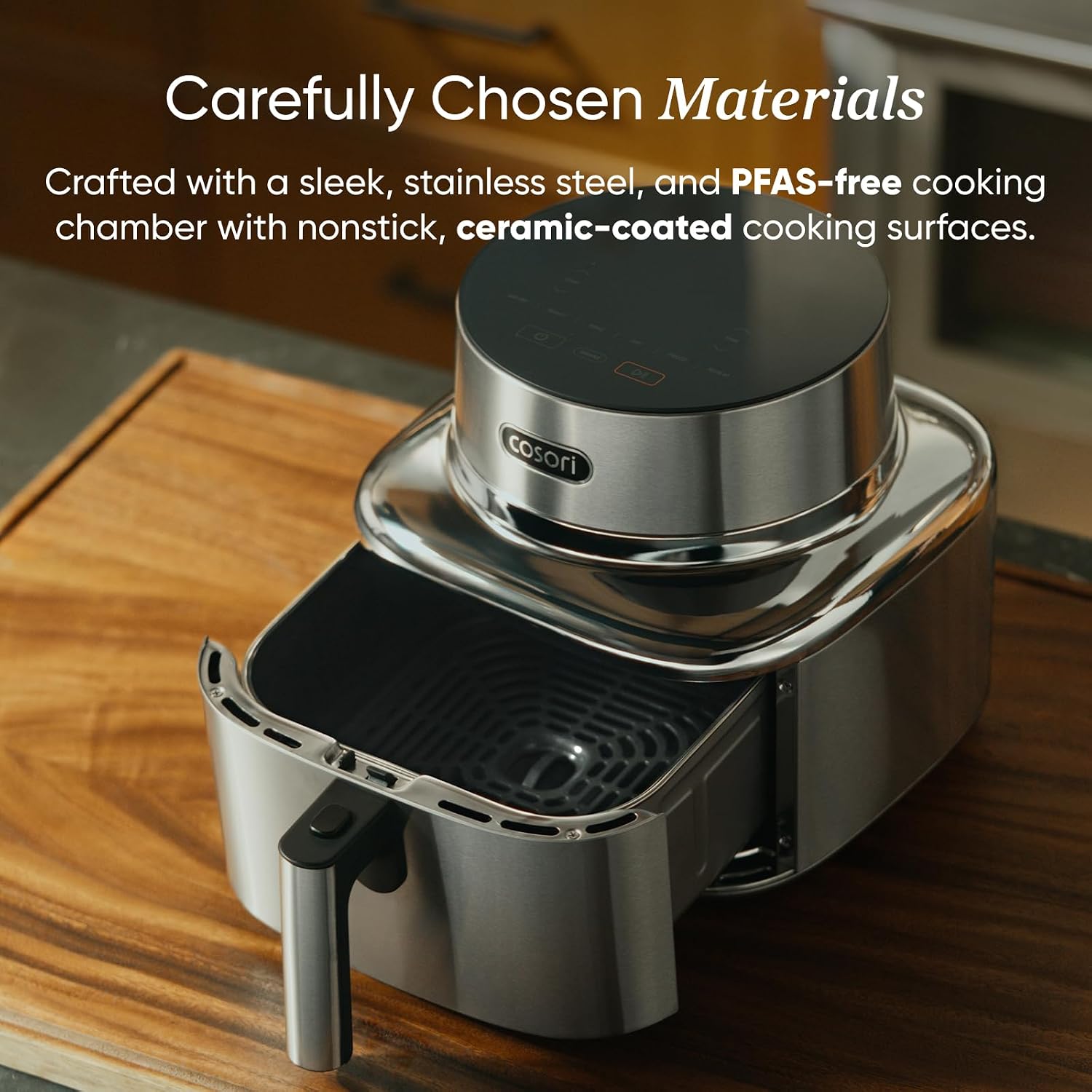 Cosori Iconic Stainless Steel 6.5 Qt Smart Air Fryer, PFAS-Free Ceramic Coating, Max 450°F, Consistent Cooking, Air Fry, Roast, Bake, Dry, Proof, Reheat, Dishwasher-Safe Basket, Chef-Crafted Recipes