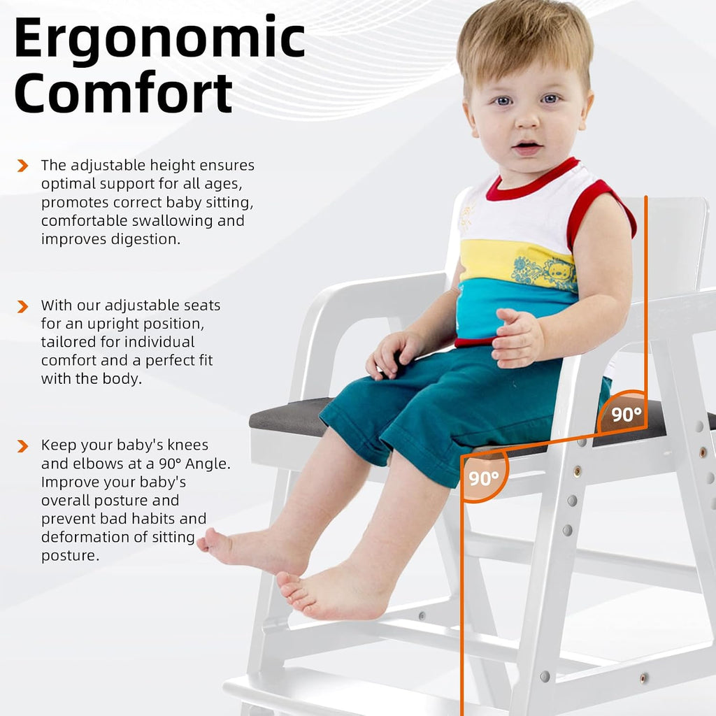 Wooden High Chair for Toddlers & Baby, Adjustable Dining Feeding Chair Grows with Kid, Convertible High Chair for Babies, Wipe Clean Skin-Friendly Cushion, for Home & Restaurant - White